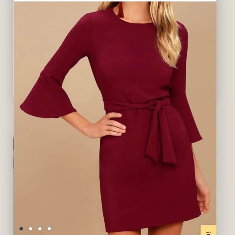 Lulus Last Love Song Burgundy Tie Waist‎ 3/4 Bell Sleeve Dress MEDIUM
